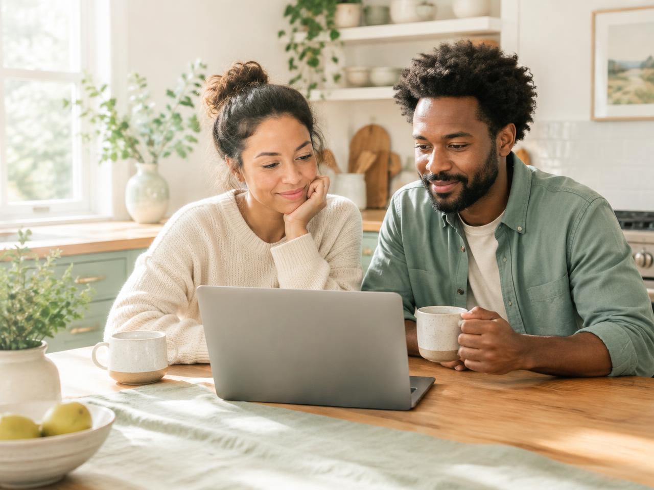 A couple calmly reviewing their finances over morning coffee